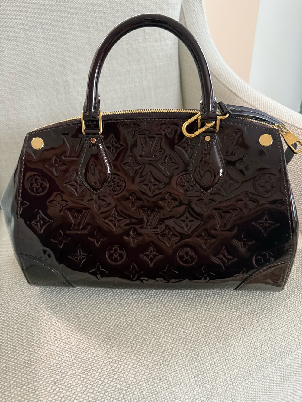 Louis Vuitton Vernis Alma BB Satchel - Dark Brown Patent with Gold Hardware